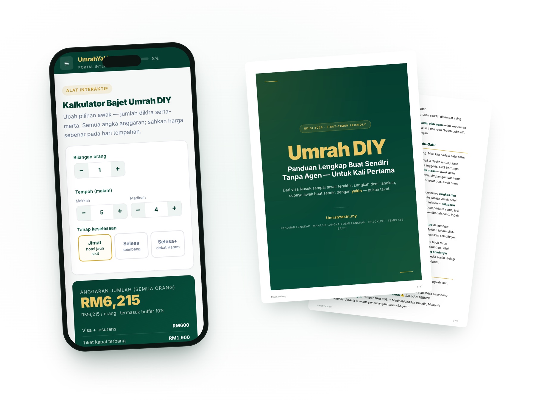 Portal interaktif Umrah DIY (kalkulator bajet menunjukkan RM6,215) di telefon, bersama panduan PDF UmrahYakin